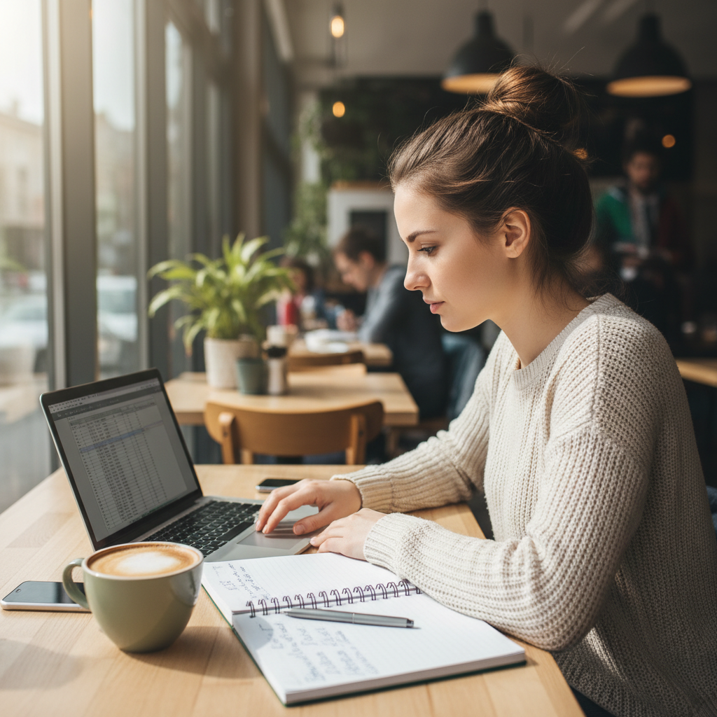 Student studying online on a laptop at a bright desk