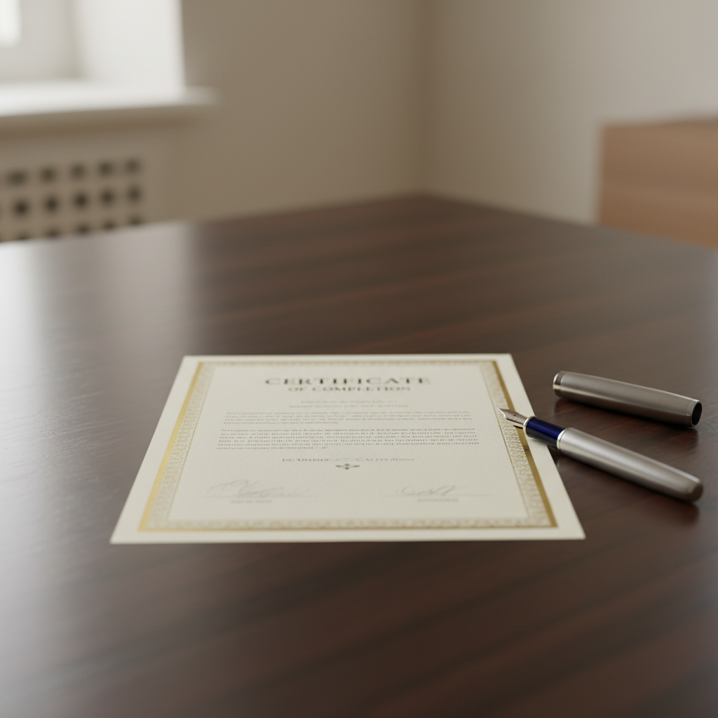 Close-up of a certificate of completion on a wooden desk