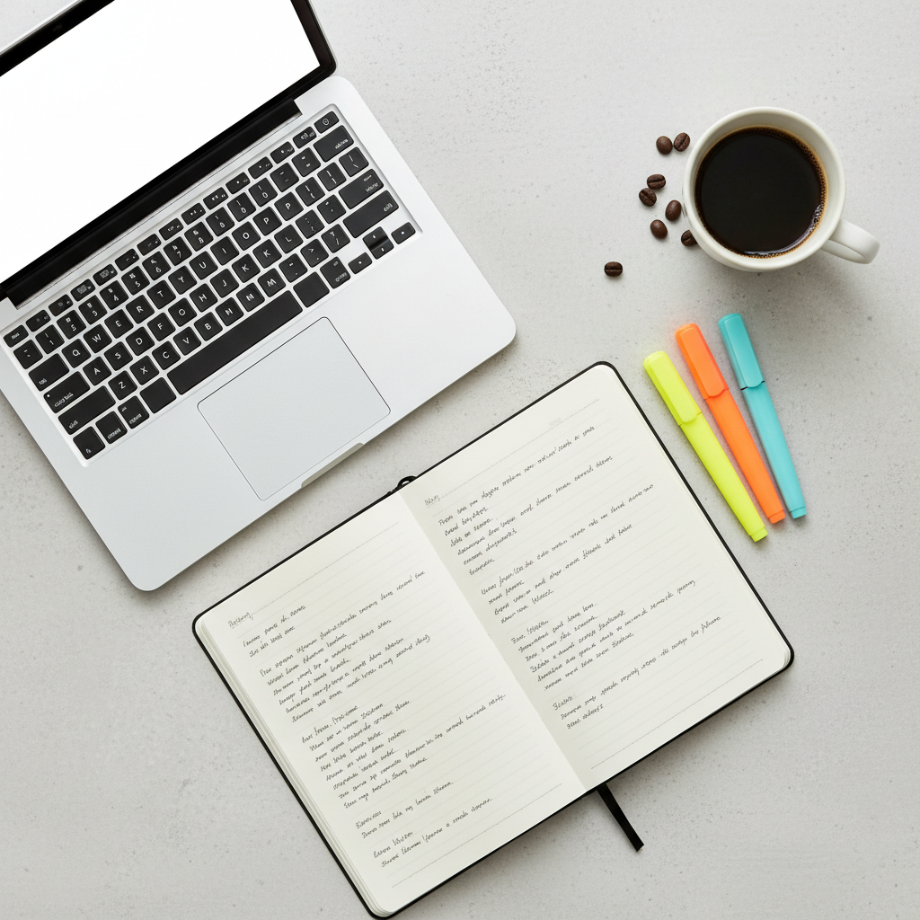 Person comparing online courses on a laptop, notebooks spread on a desk